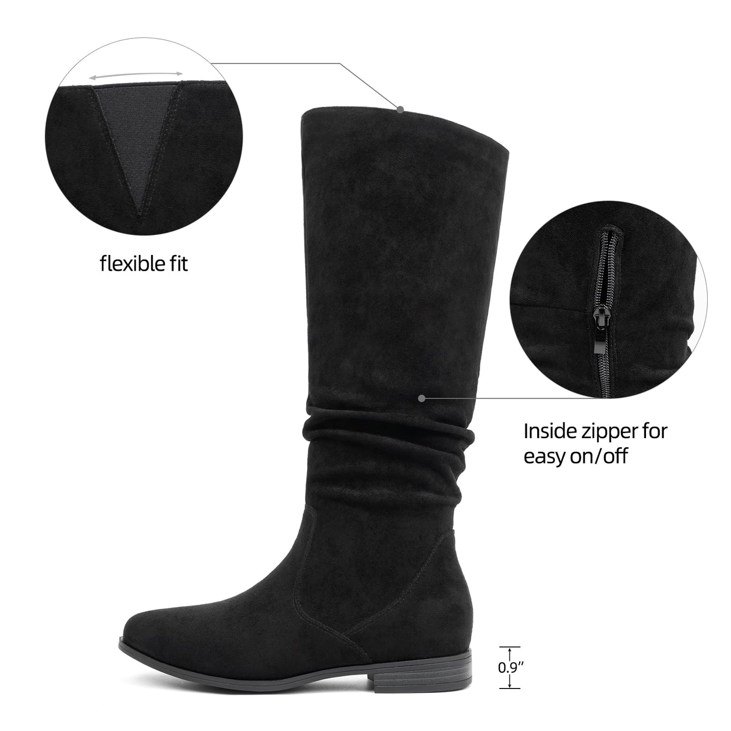 VJH confort Women's Knee-High Boots Comfortable Low Heel Almond Toe Wide Calf Side Zip Fall Winter Long Boots