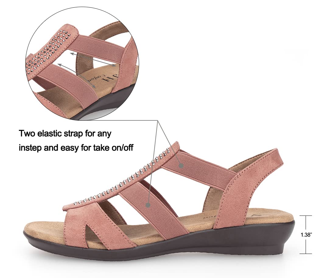 VJH confort Women's Comfort Flat Sandals Summer,with Rhinestone Open Toe Elastic Slip On Slingback Casual Walking Low Heele Sandals