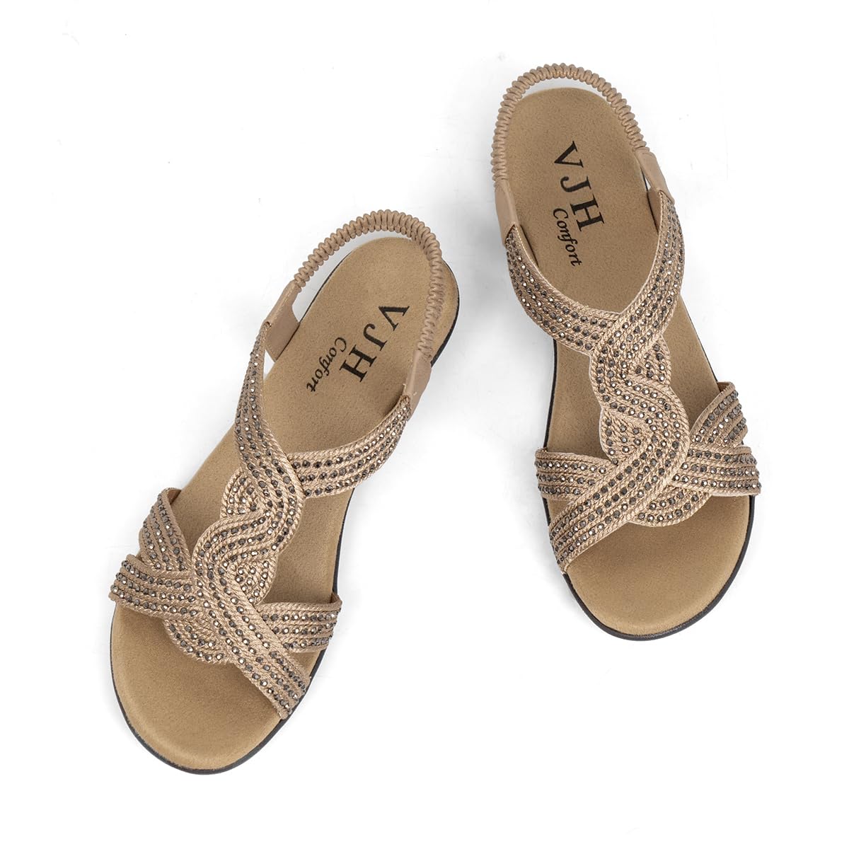 VJH confort Women's Flat Sandals Rhinestone Stretchy Strap Low Wedge Comfy Dressy Walking Sandals