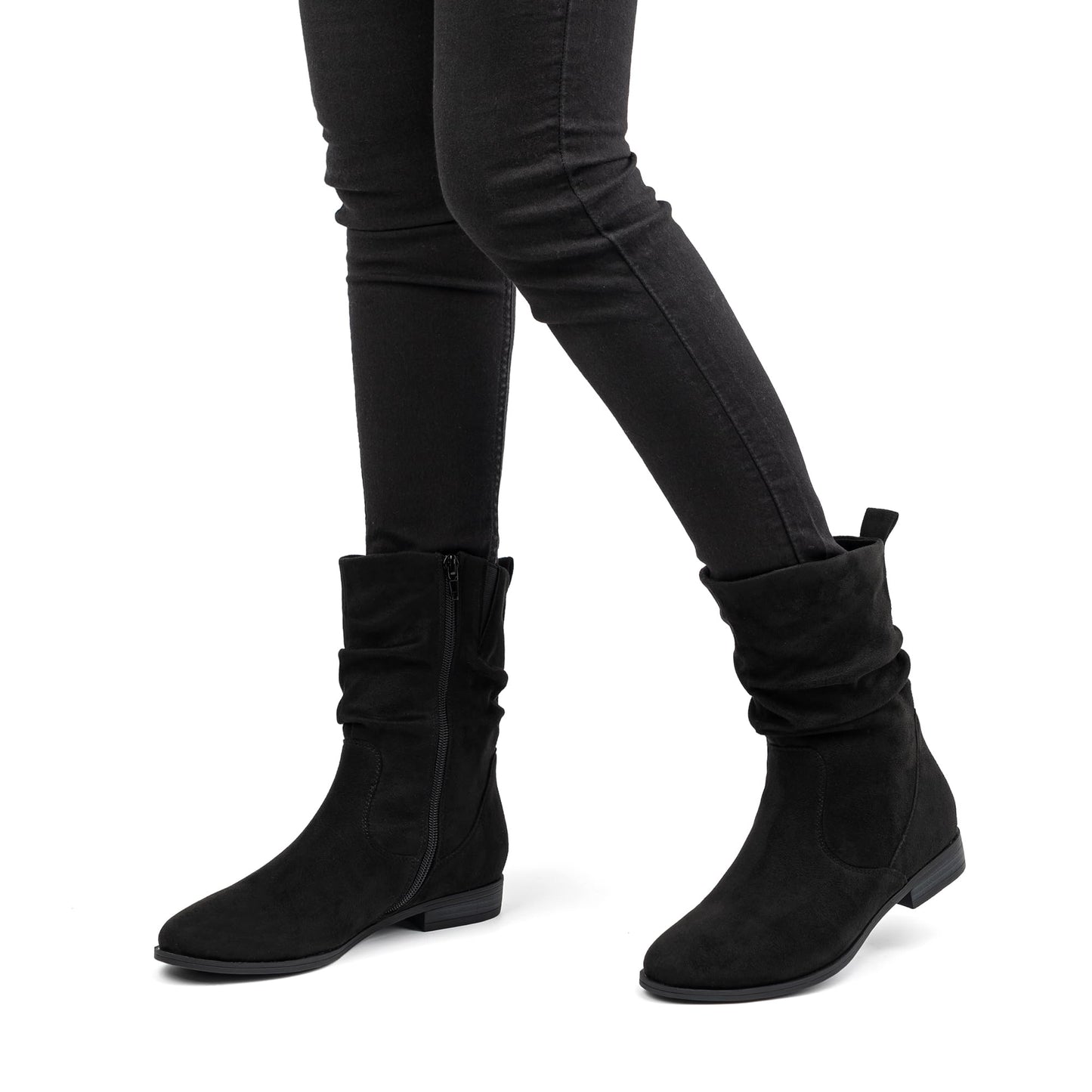 VJH confort Women's Mid Calf Boots, Almond Round Toe Low Heel Comfort Dress Slouchy Booties