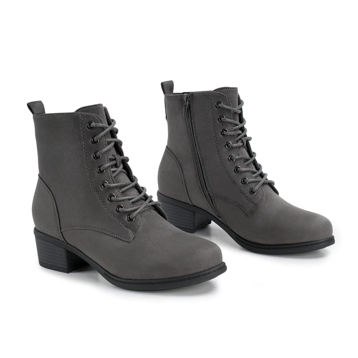 VJH confort Women's Fashion Ankle Boots Low Heels Chunky Lace-up Combat Bootie with Side Zipper