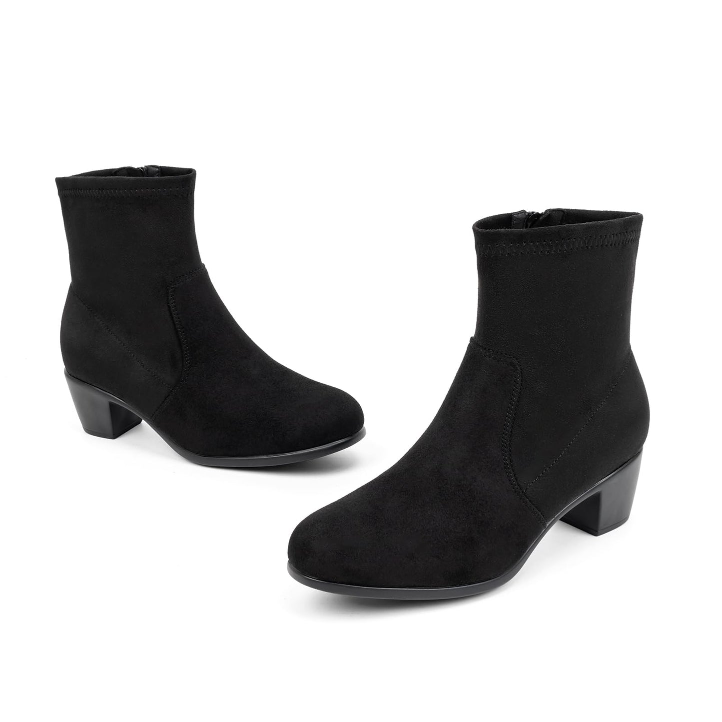 VJH confort Women's Stretch Ankle Boots Block Low Heel Almond Toe Comfy Dress Slip-on Booties with Zipper