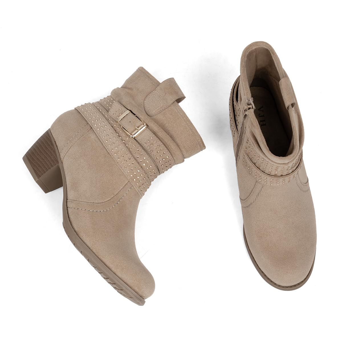 Women's Mid Calf Boots,Round Toe Comfort Low Heel Slouchy Dress zip booties with Jeweled strap