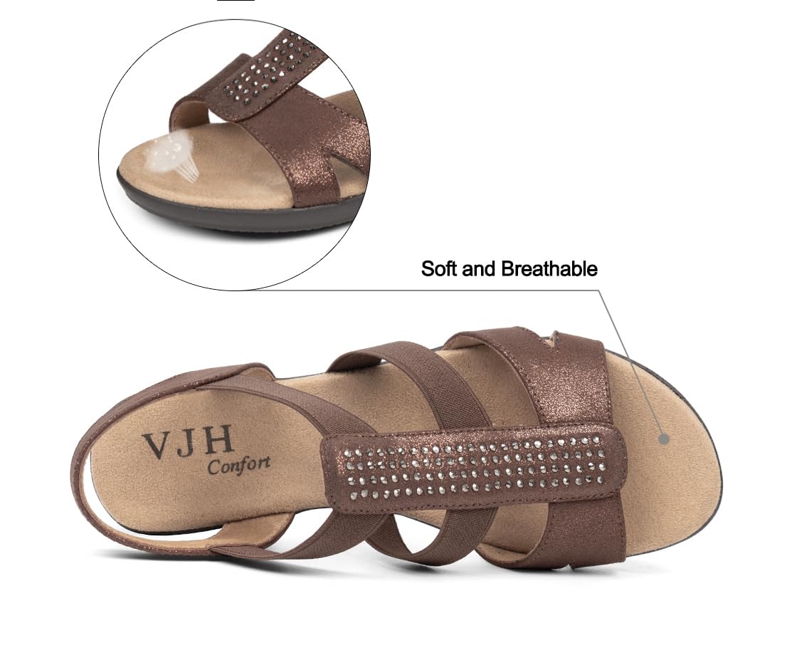 VJH confort Women's Comfort Flat Sandals Summer,with Rhinestone Open Toe Elastic Slip On Slingback Casual Walking Low Heele Sandals