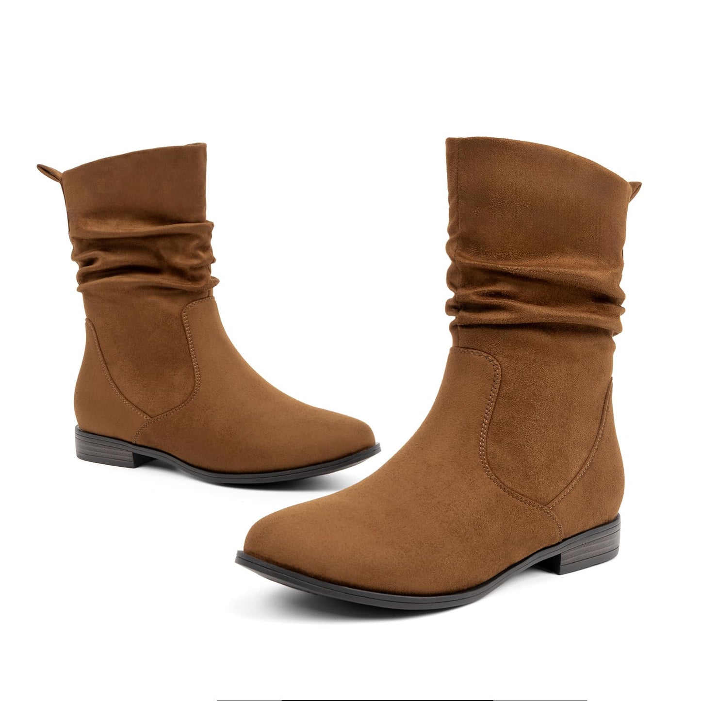 VJH confort Women's Mid Calf Boots, Almond Round Toe Low Heel Comfort Dress Slouchy Booties