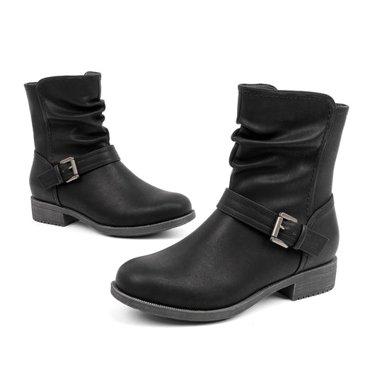 VJH confort Women's Mid Calf Boots, Comfort Buckle Slouchy Booties with Side Zipper