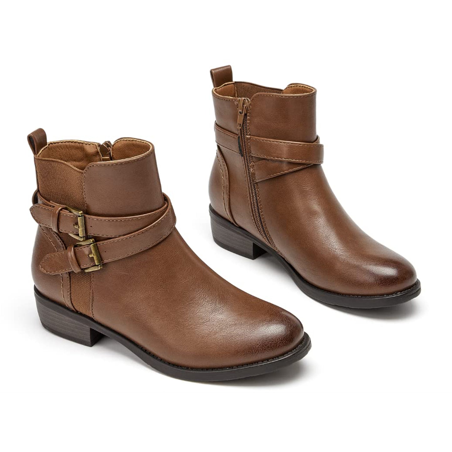 VJH confort Women's Ankle Boots,Round Toe Low Heel Comfort Elastic Booties with Side Zipper Buckle Strap