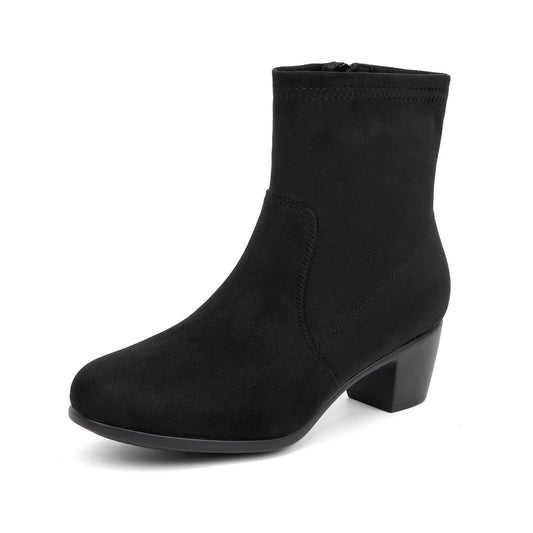 VJH confort Women's Stretch Ankle Boots Block Low Heel Almond Toe Comfy Dress Slip-on Booties with Zipper