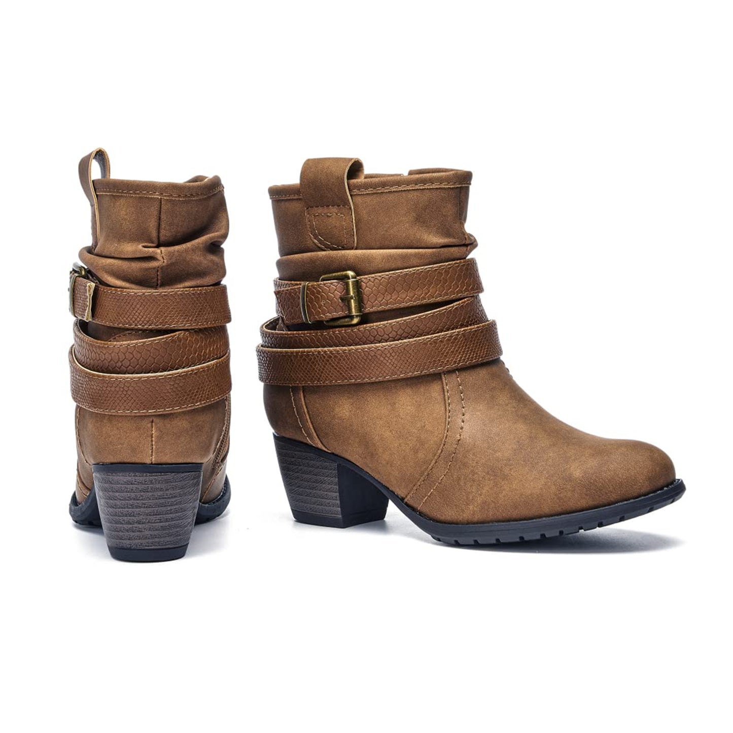 VJH confort Women's Mid Calf Boots,Round Toe Comfort Low Heel Slouchy Dress Booties with Buckle Strap Side Zipper