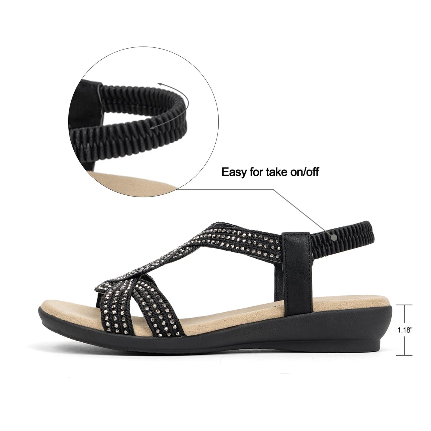 VJH confort Women's Flat Sandals Rhinestone Stretchy Strap Low Wedge Comfy Dressy Walking Sandals