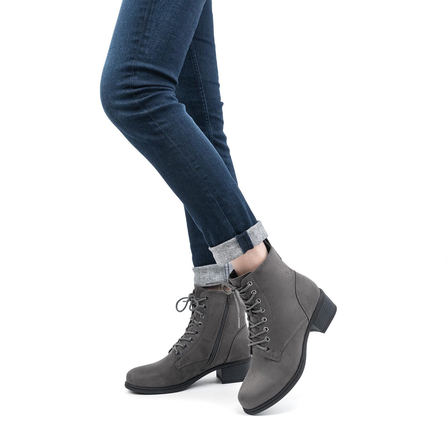 VJH confort Women's Fashion Ankle Boots Low Heels Chunky Lace-up Combat Bootie with Side Zipper