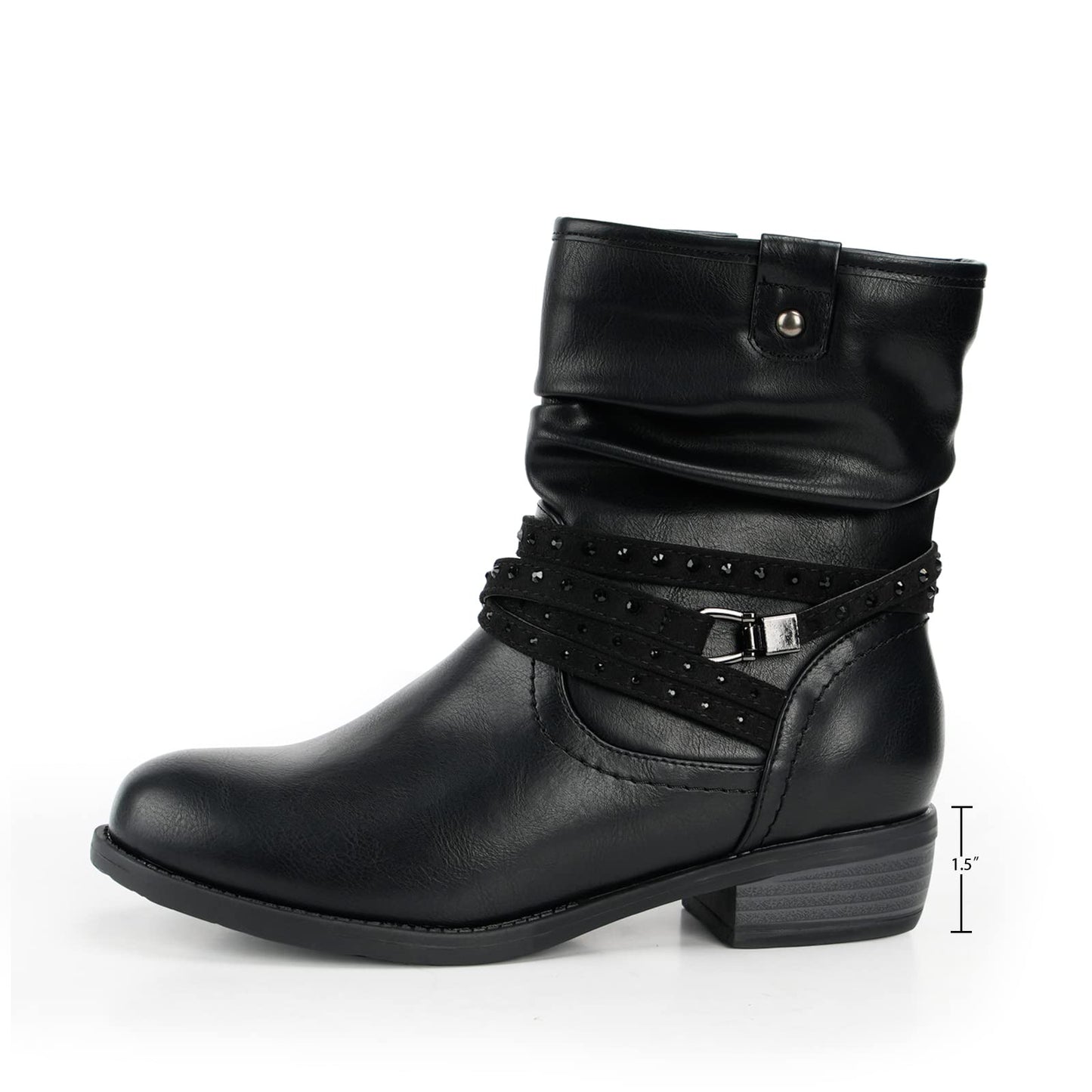 VJH confort Women's Mid Calf Boot,Round Toe Low Heel Comfort Slouchy Bootie with Side Zipper Buckle Strap