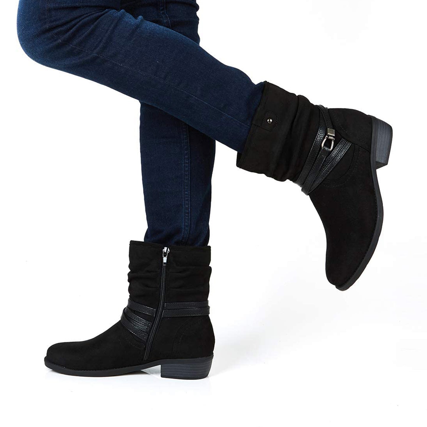 VJH confort Women's Mid Calf Boot,Round Toe Low Heel Comfort Slouchy Bootie with Side Zipper Buckle Strap