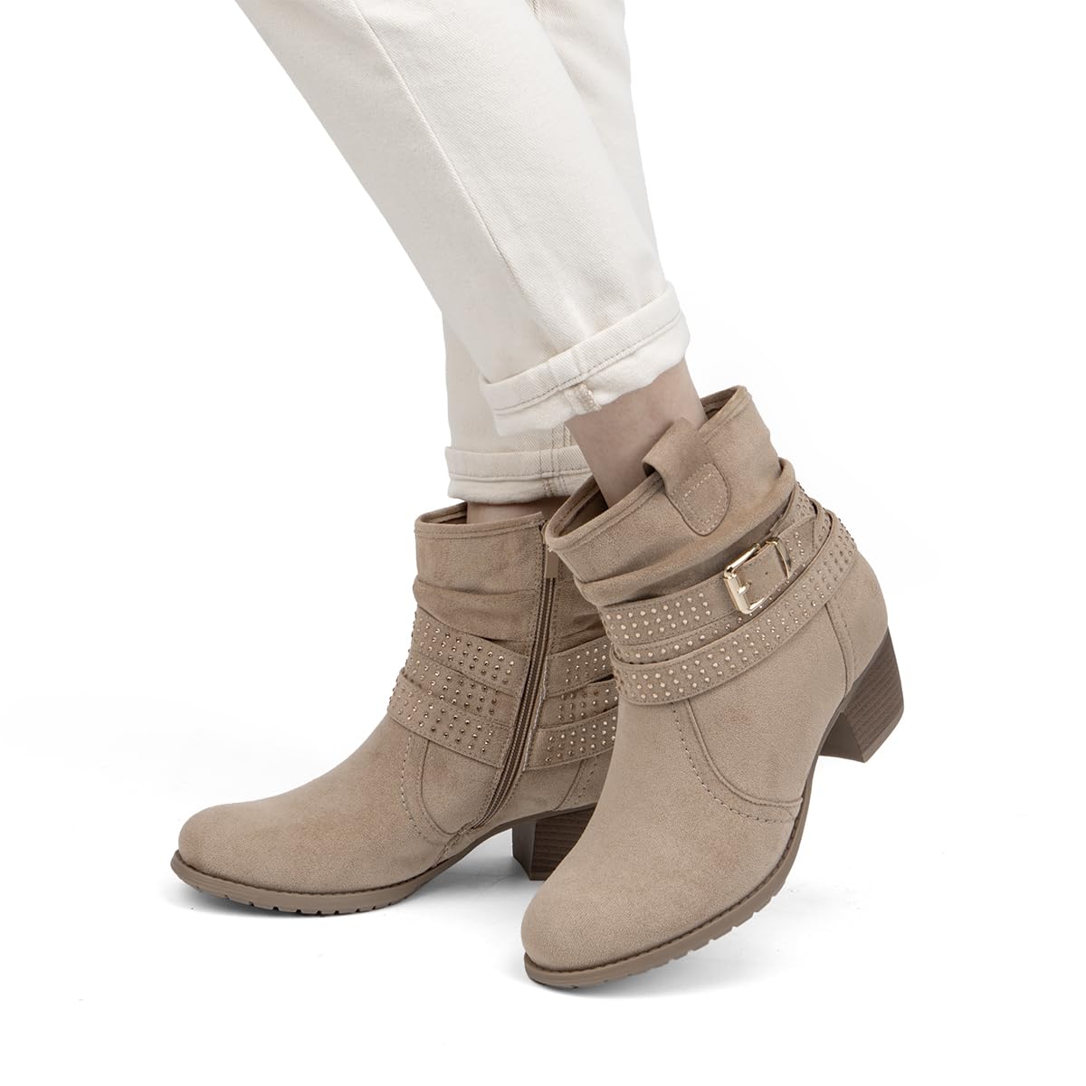 Women's Mid Calf Boots,Round Toe Comfort Low Heel Slouchy Dress zip booties with Jeweled strap