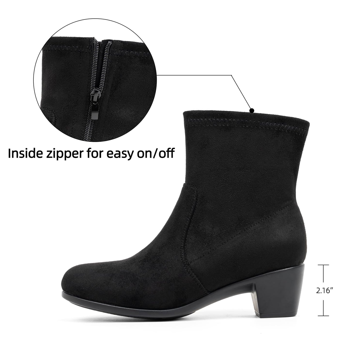 VJH confort Women's Stretch Ankle Boots Block Low Heel Almond Toe Comfy Dress Slip-on Booties with Zipper