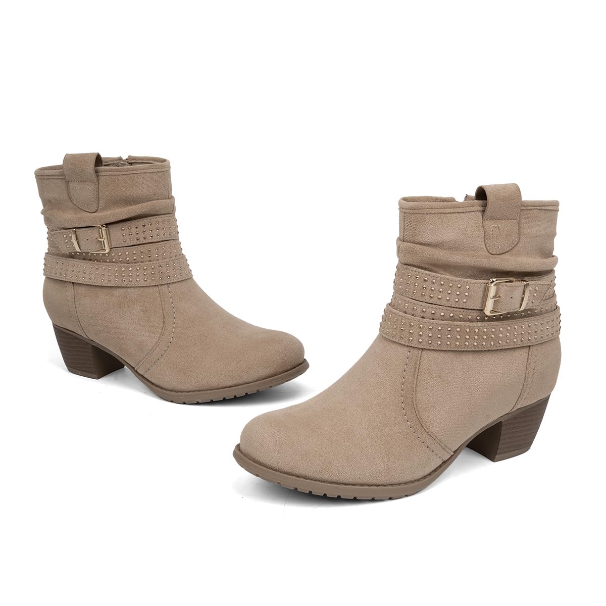 Women's Mid Calf Boots,Round Toe Comfort Low Heel Slouchy Dress zip booties with Jeweled strap