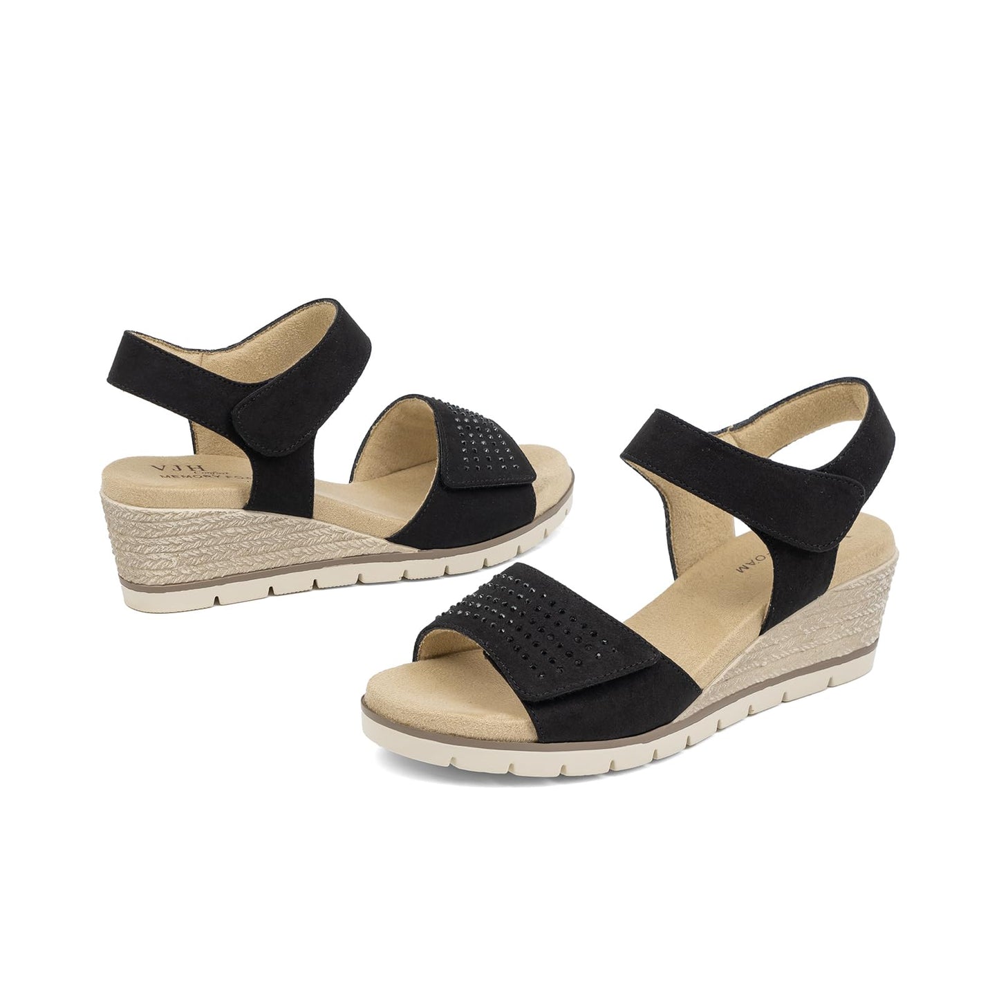 VJH confort Women's Wedge Sandals, Comfort Memory Foam Rhinestone Sandal with Adjustable straps