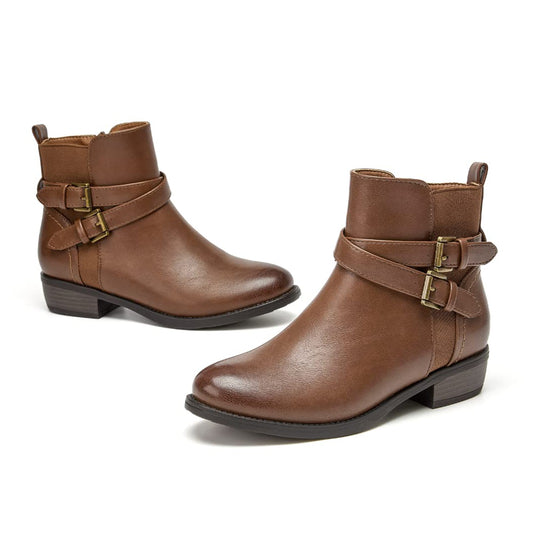VJH confort Women's Ankle Boots,Round Toe Low Heel Comfort Elastic Booties with Side Zipper Buckle Strap
