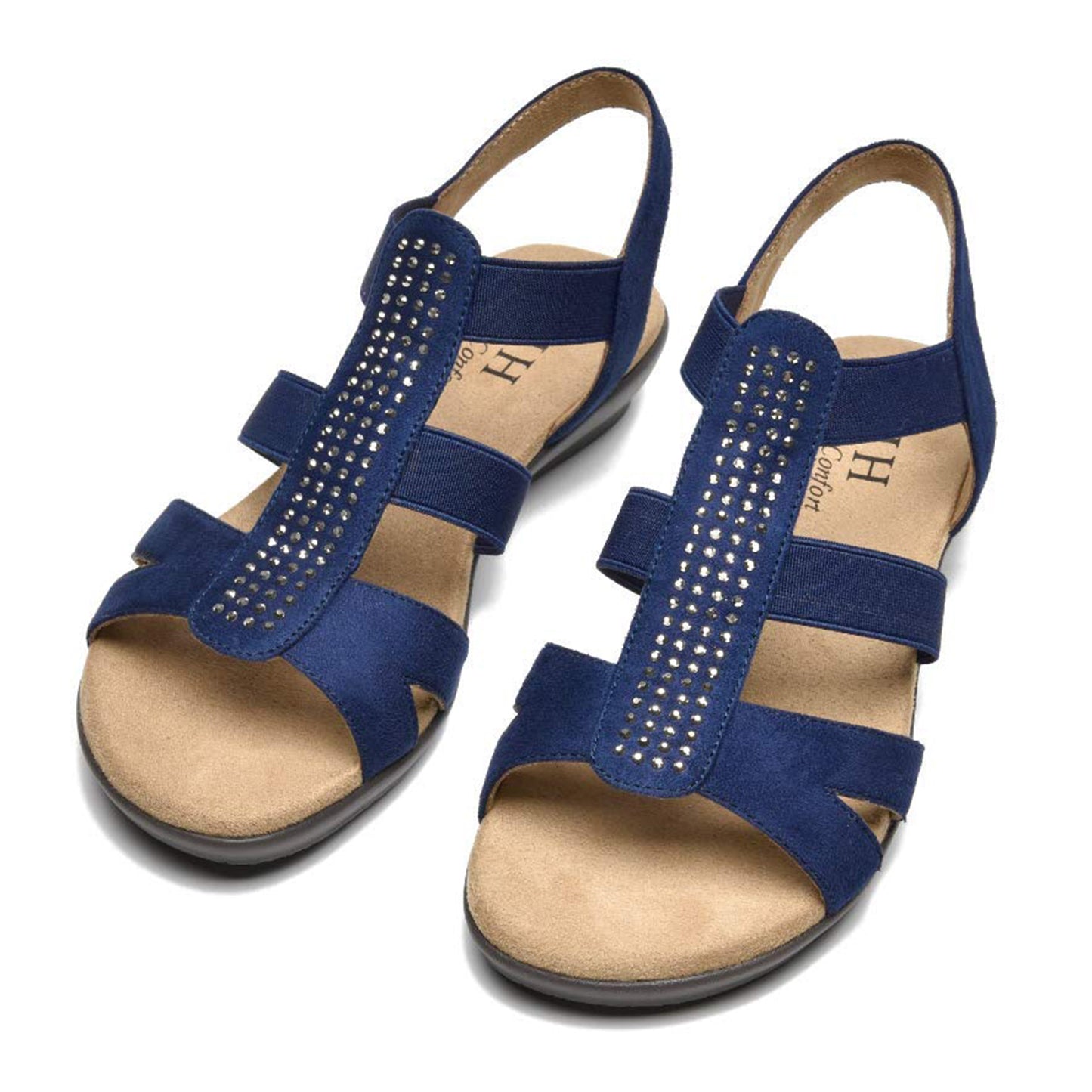 VJH confort Women's Comfort Flat Sandals Summer,with Rhinestone Open Toe Elastic Slip On Slingback Casual Walking Low Heele Sandals