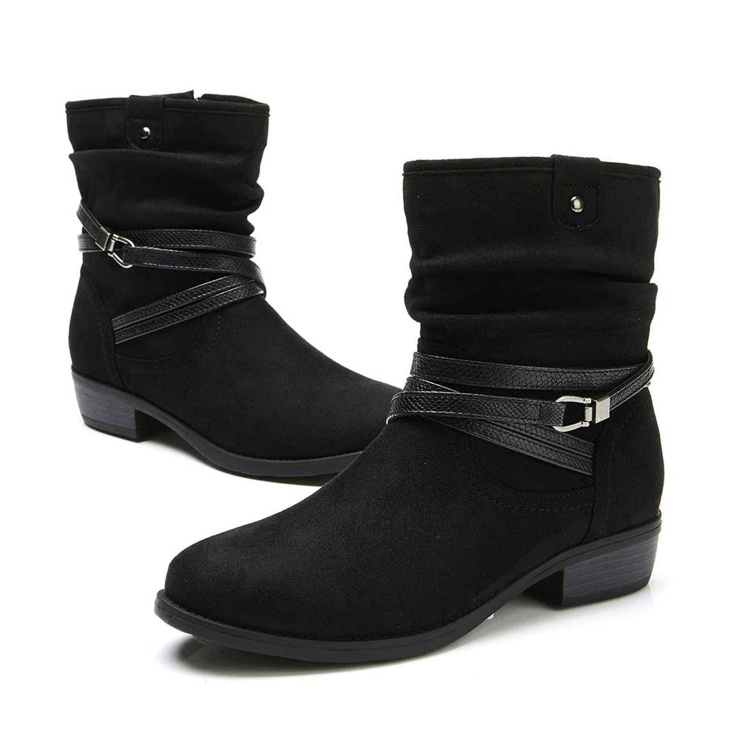 VJH confort Women's Mid Calf Boot,Round Toe Low Heel Comfort Slouchy Bootie with Side Zipper Buckle Strap