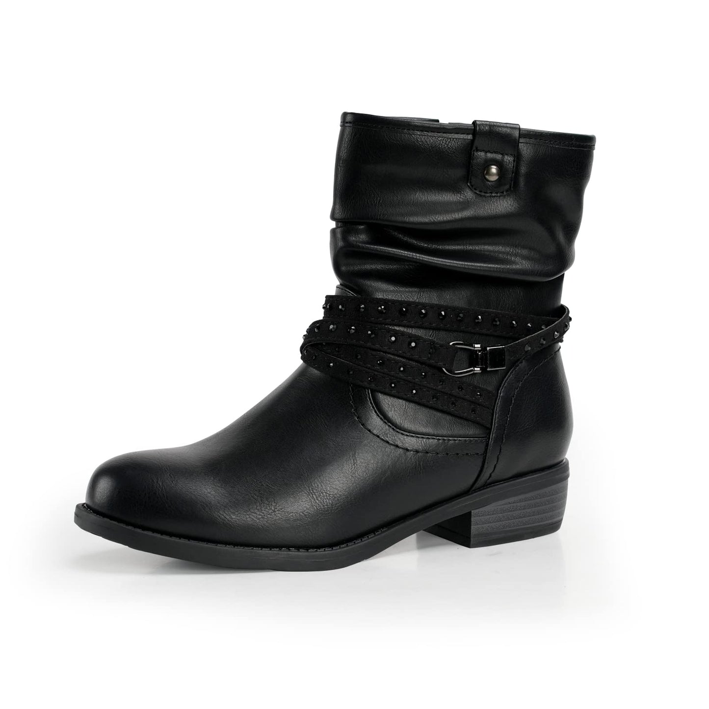 VJH confort Women's Mid Calf Boot,Round Toe Low Heel Comfort Slouchy Bootie with Side Zipper Buckle Strap