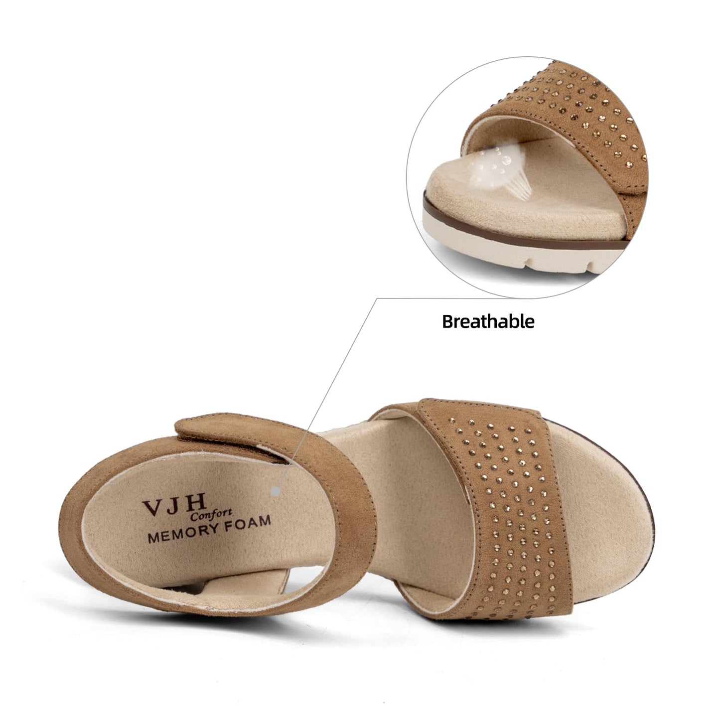 VJH confort Women's Wedge Sandals, Comfort Memory Foam Rhinestone Sandal with Adjustable straps