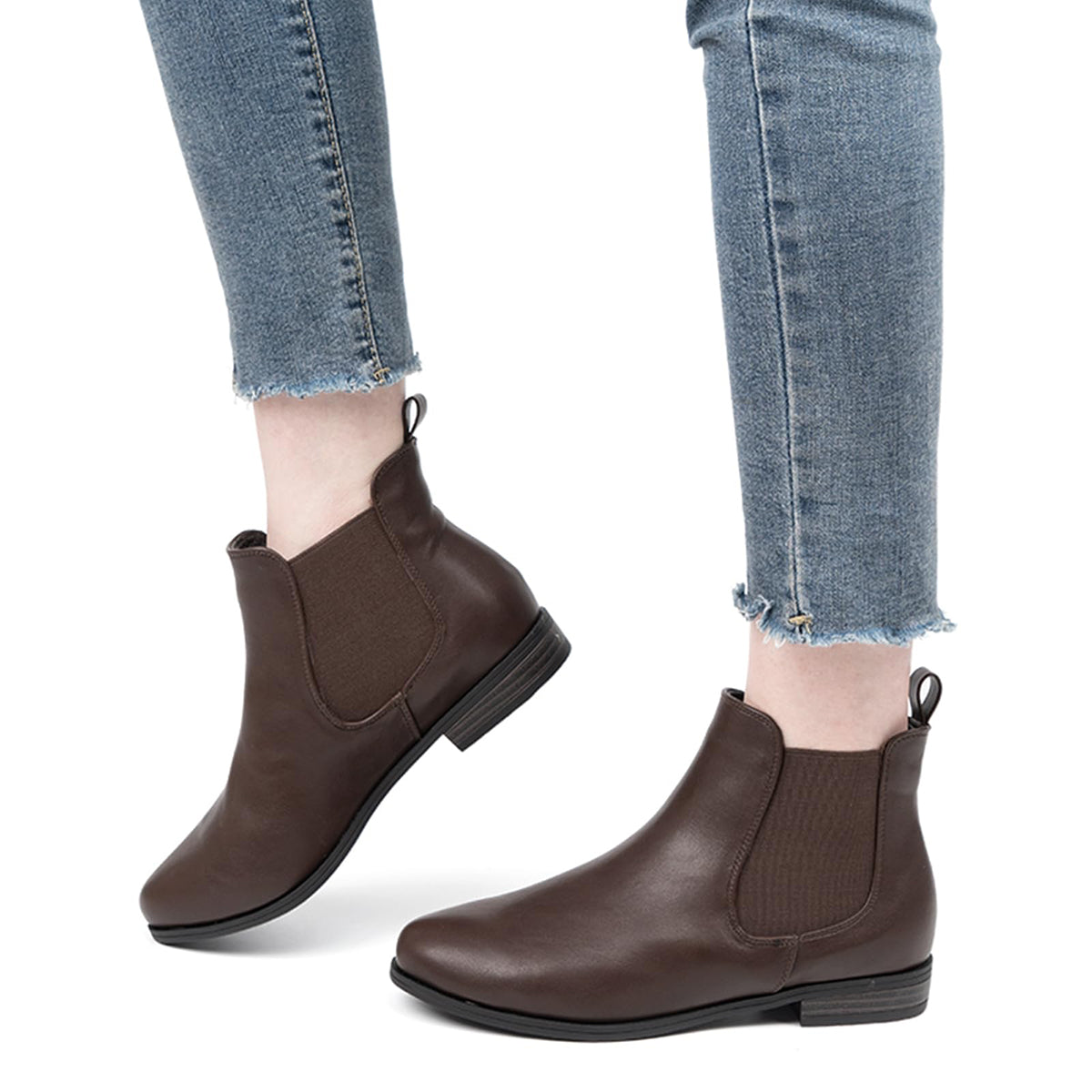 VJH confort Women's Slip on Ankle Boot, Western Almond Round Toe Low Heel Elastic Chelsea Bootie