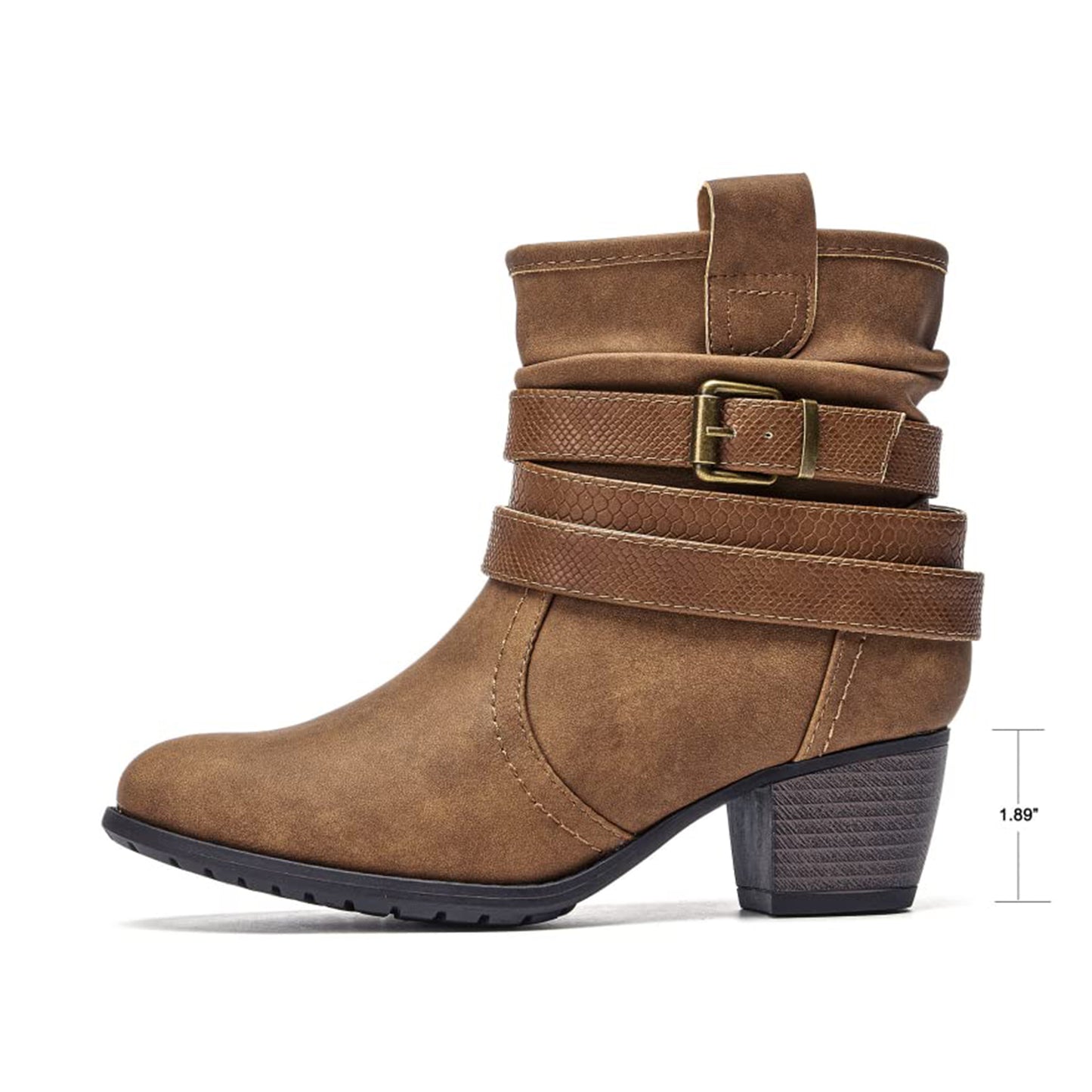 VJH confort Women's Mid Calf Boots,Round Toe Comfort Low Heel Slouchy Dress Booties with Buckle Strap Side Zipper