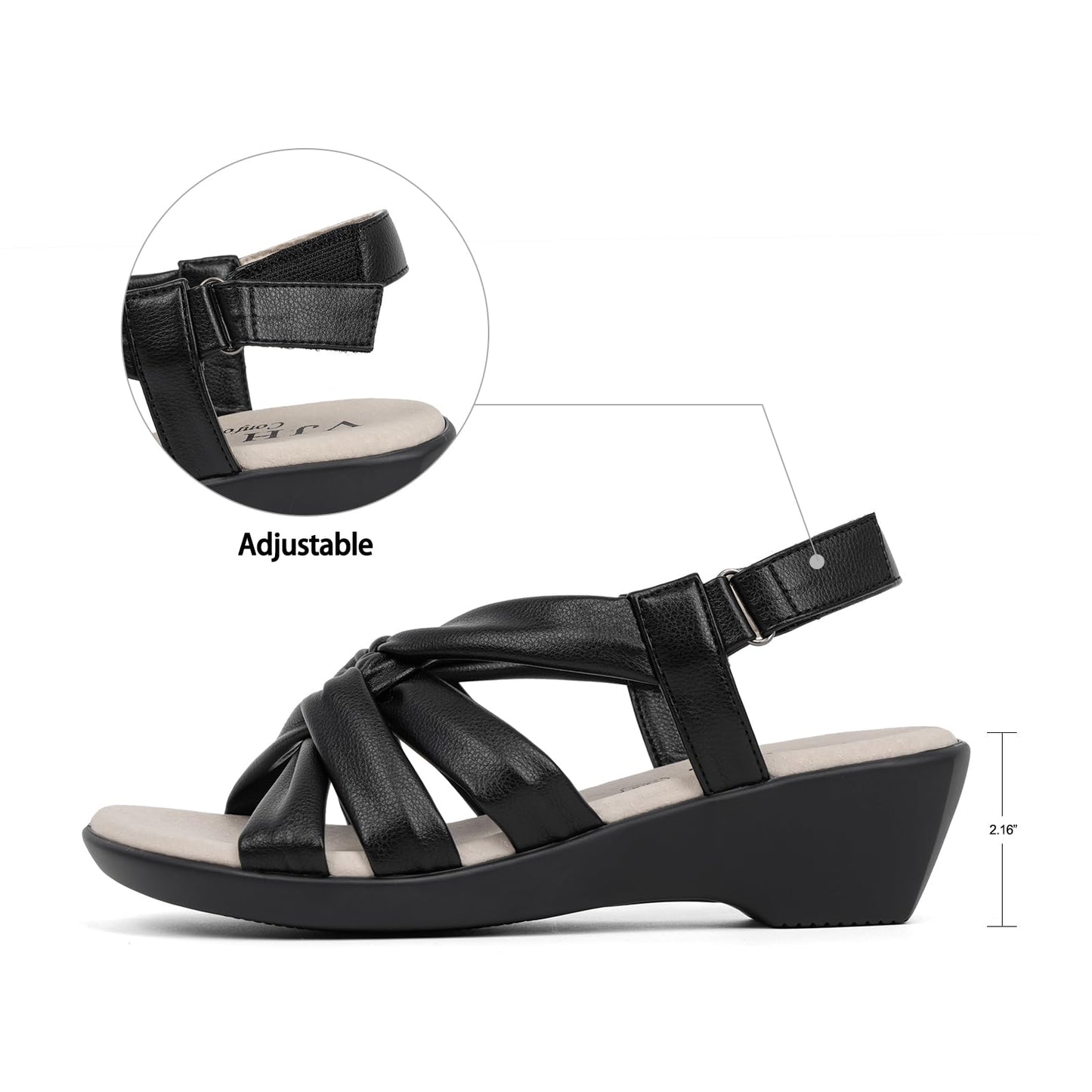 VJH confort Women’s Wedge Sandals, Comfortable Platform Cushioned Insole Strappy Round Toe Casual Wedge Sandals