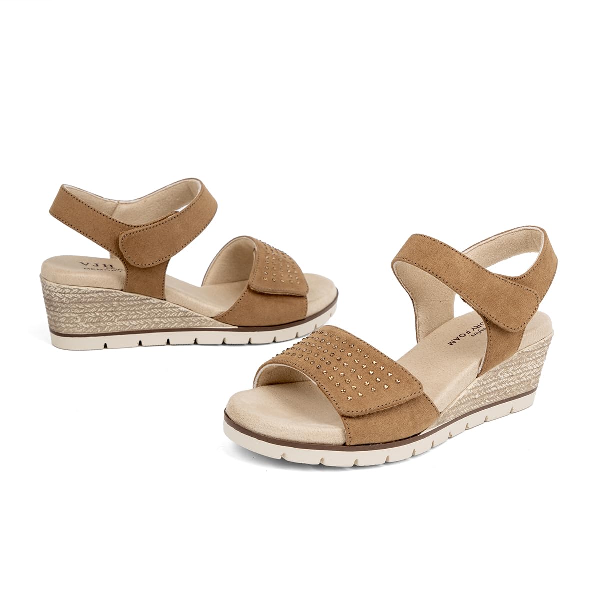 VJH confort Women's Wedge Sandals, Comfort Memory Foam Rhinestone Sandal with Adjustable straps