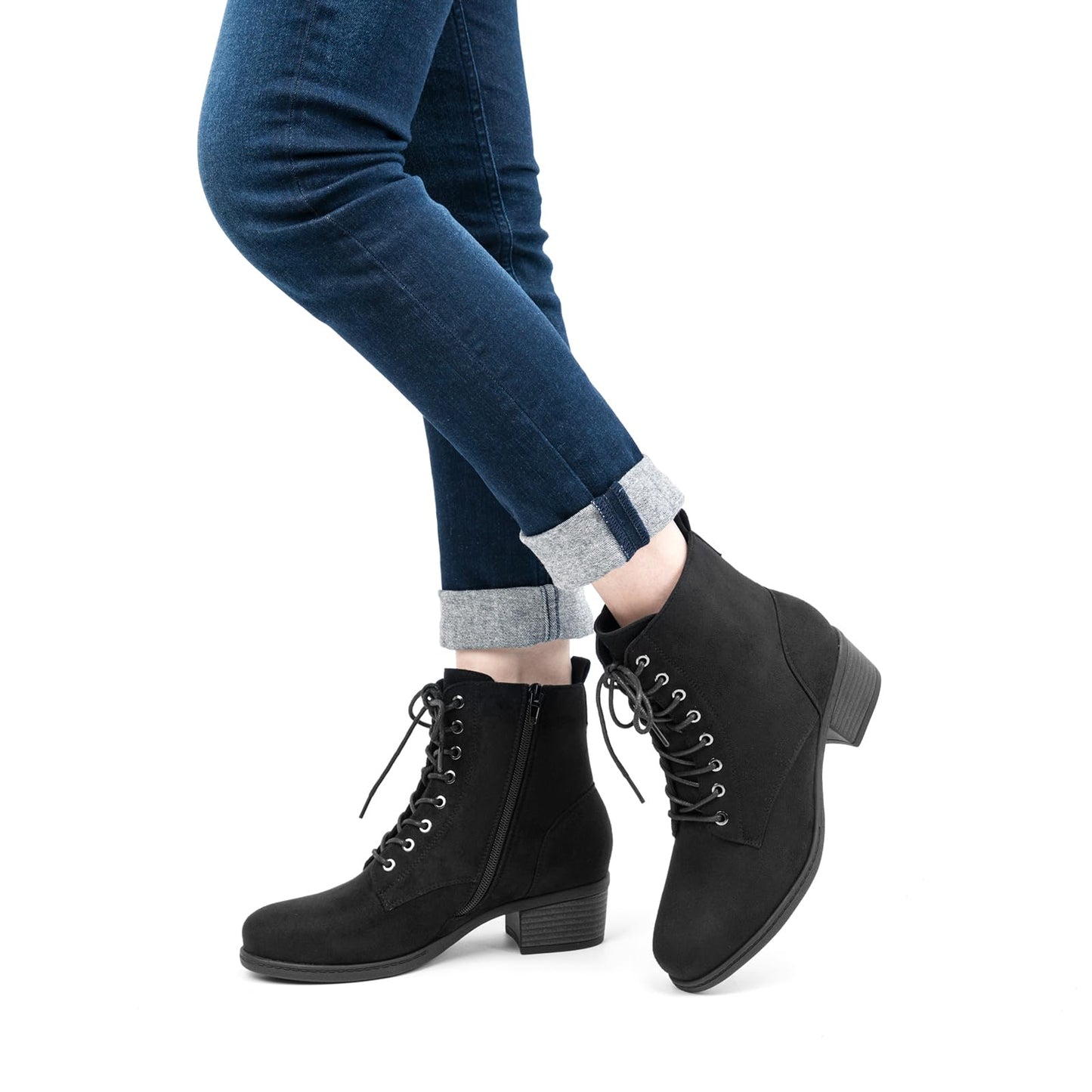 VJH confort Women's Fashion Ankle Boots Low Heels Chunky Lace-up Combat Bootie with Side Zipper