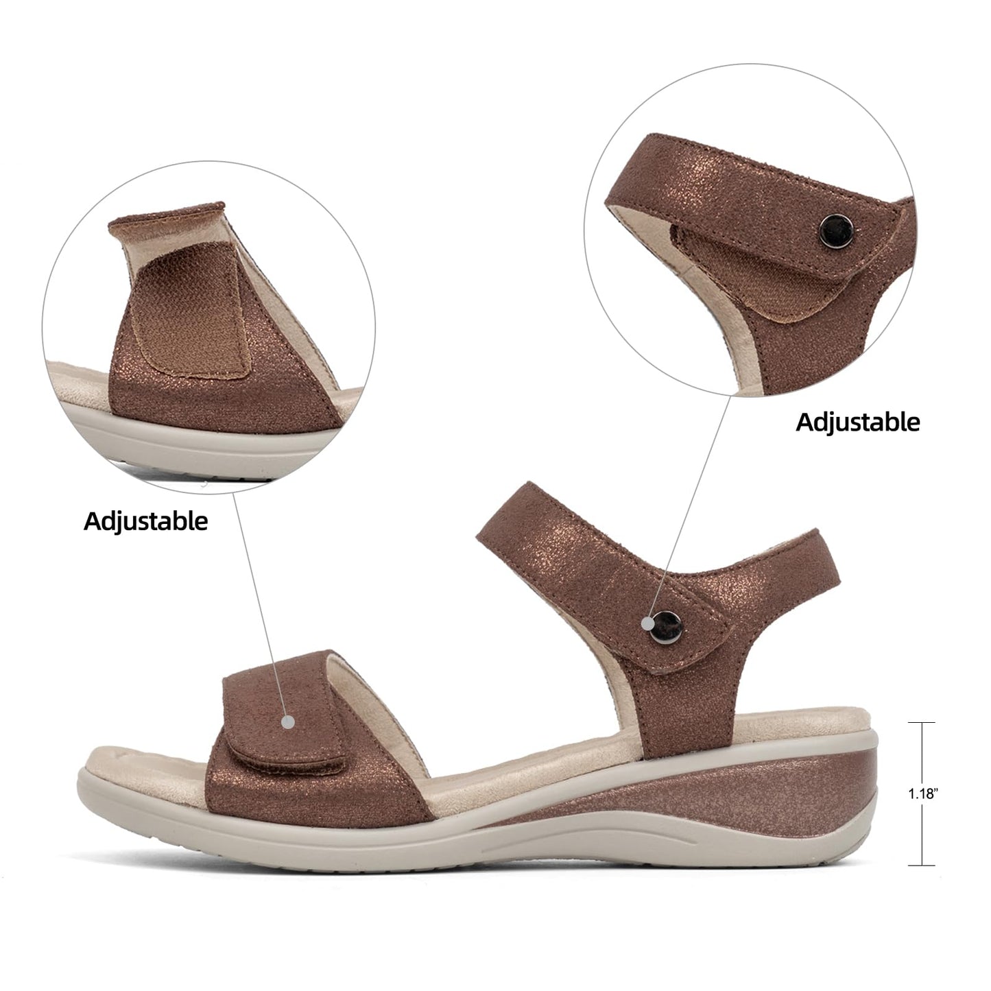 VJH confort Women's Wedge Sandals Low Heel Comfortable Hook-and-Loop Strap Open Toe Platform Summer Shoe