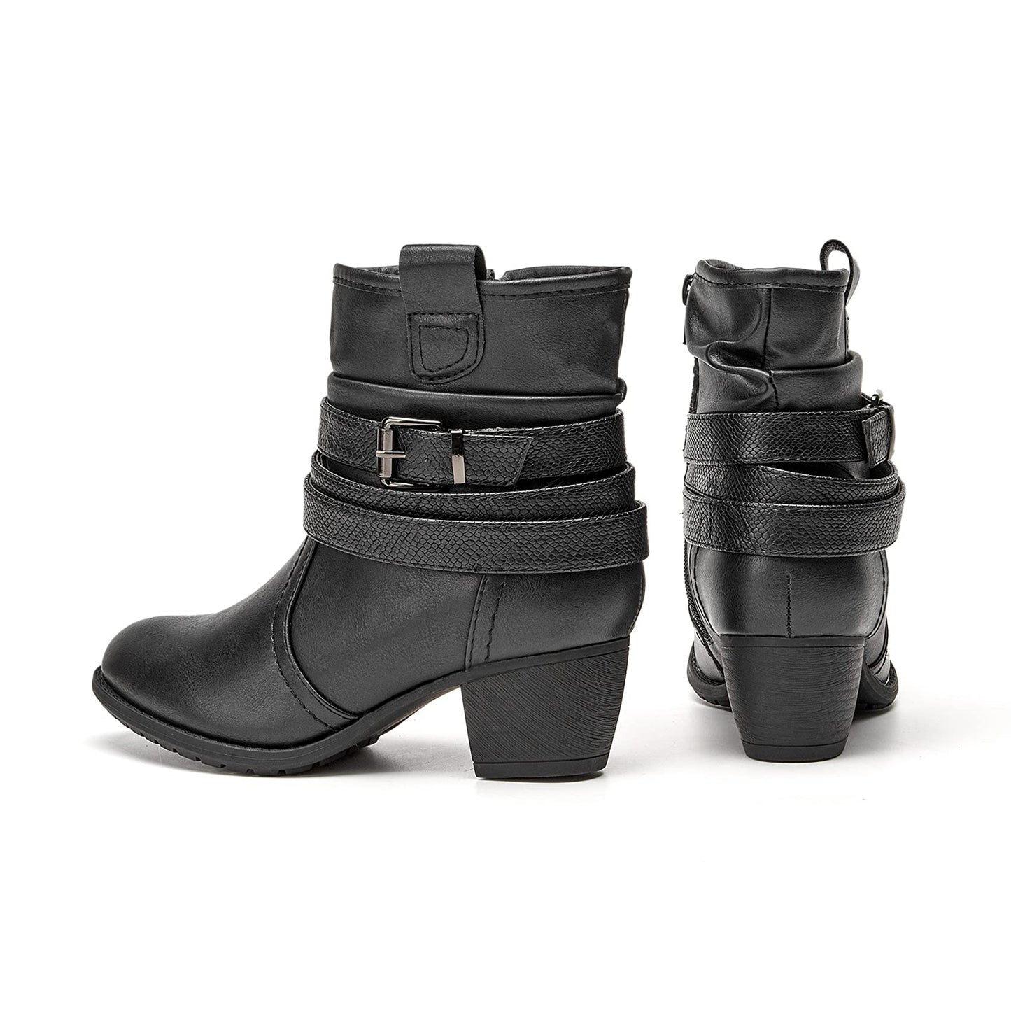 VJH confort Women's Mid Calf Boots,Round Toe Comfort Low Heel Slouchy Dress Booties with Buckle Strap Side Zipper