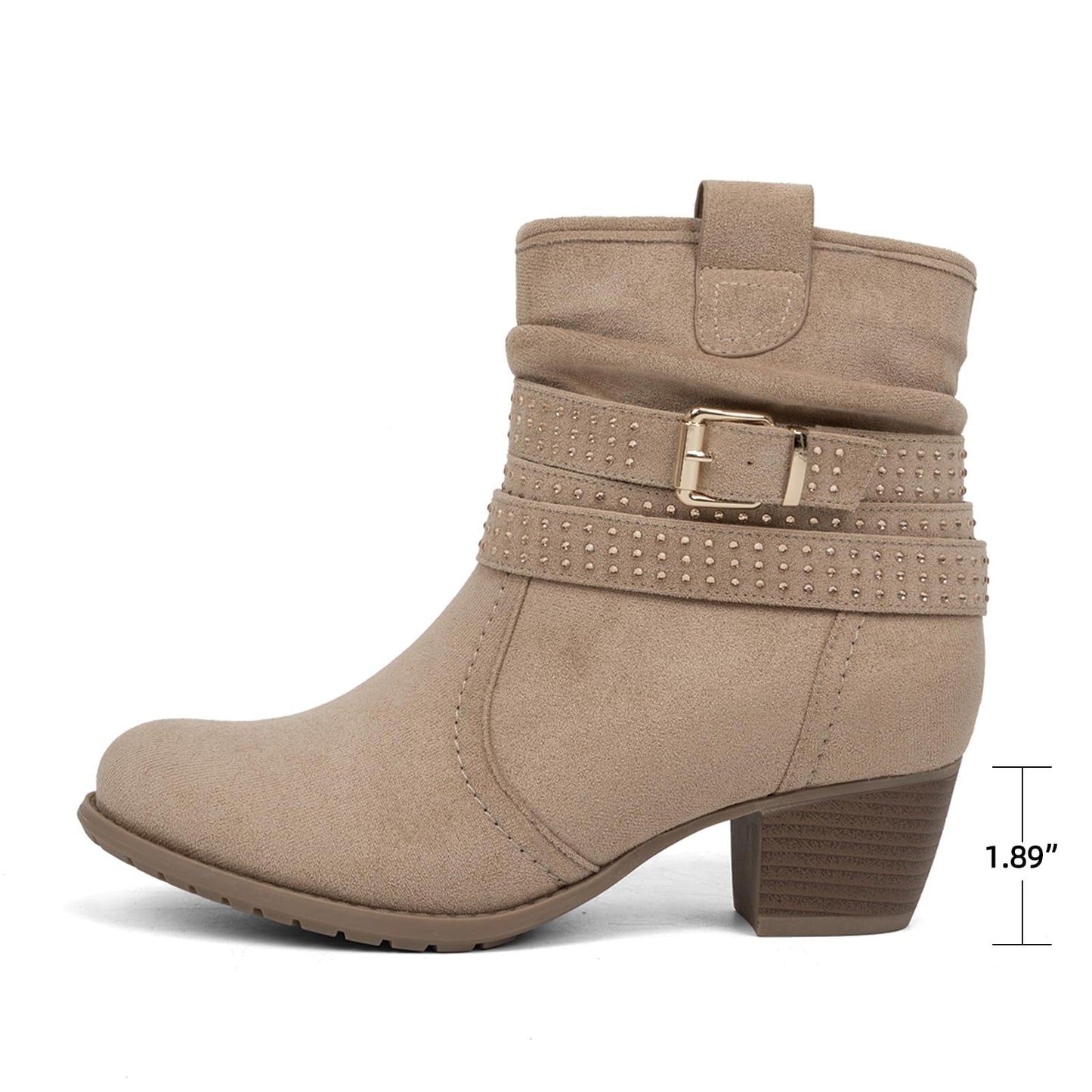 Women's Mid Calf Boots,Round Toe Comfort Low Heel Slouchy Dress zip booties with Jeweled strap