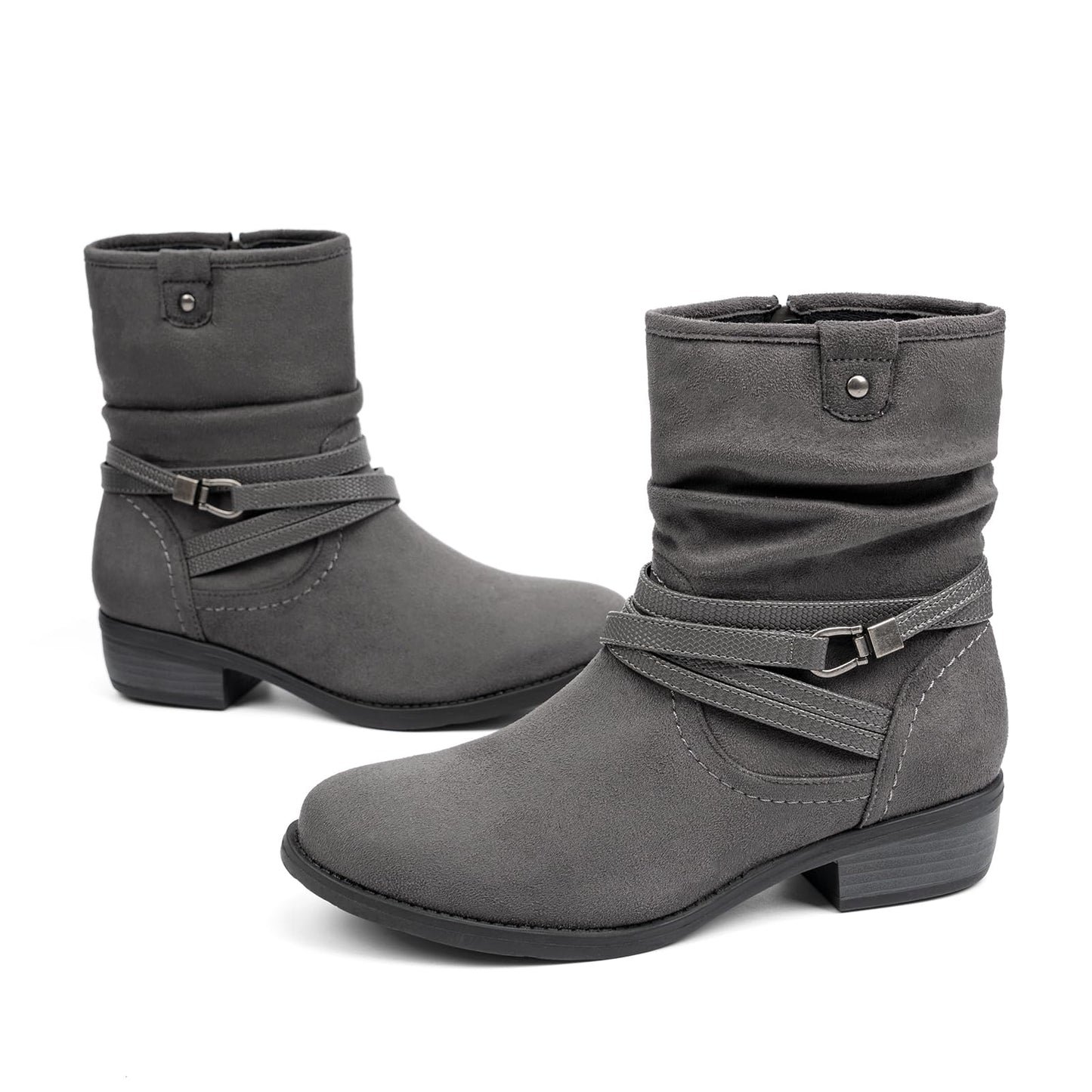 VJH confort Women's Mid Calf Boot,Round Toe Low Heel Comfort Slouchy Bootie with Side Zipper Buckle Strap