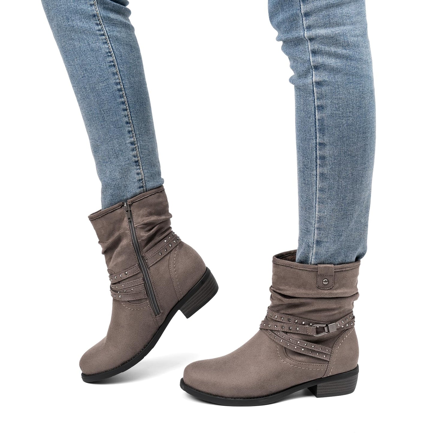 VJH confort Women's Mid Calf Boot,Round Toe Low Heel Comfort Slouchy Bootie with Side Zipper Buckle Strap