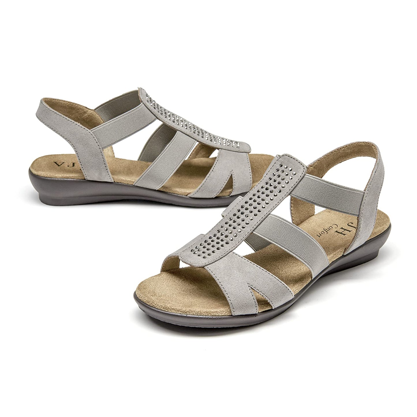 VJH confort Women's Comfort Flat Sandals Summer,with Rhinestone Open Toe Elastic Slip On Slingback Casual Walking Low Heele Sandals