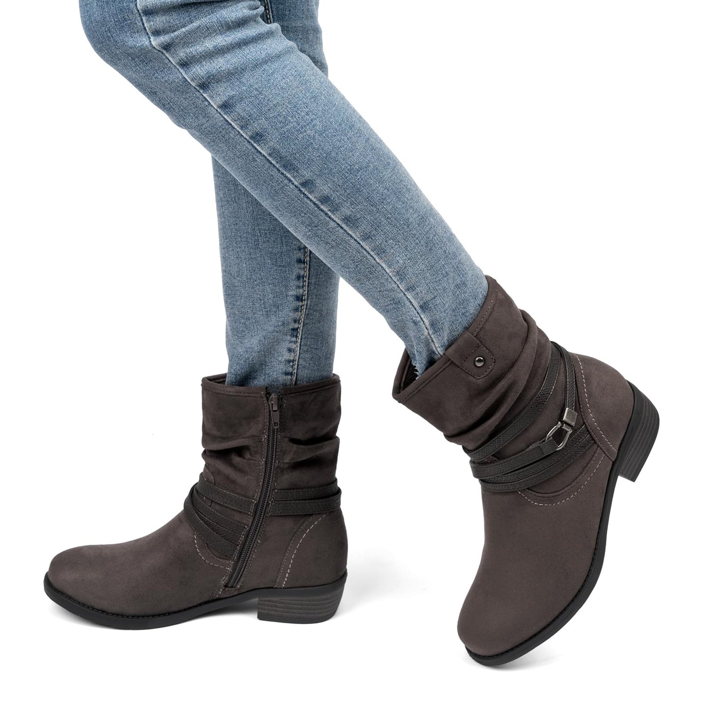 VJH confort Women's Mid Calf Boot,Round Toe Low Heel Comfort Slouchy Bootie with Side Zipper Buckle Strap