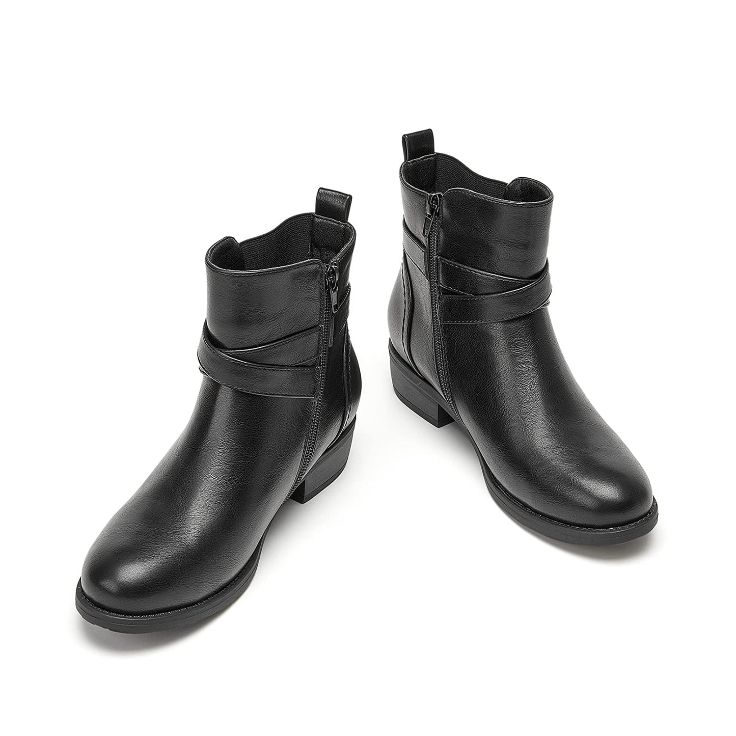 VJH confort Women's Ankle Boots,Round Toe Low Heel Comfort Elastic Booties with Side Zipper Buckle Strap