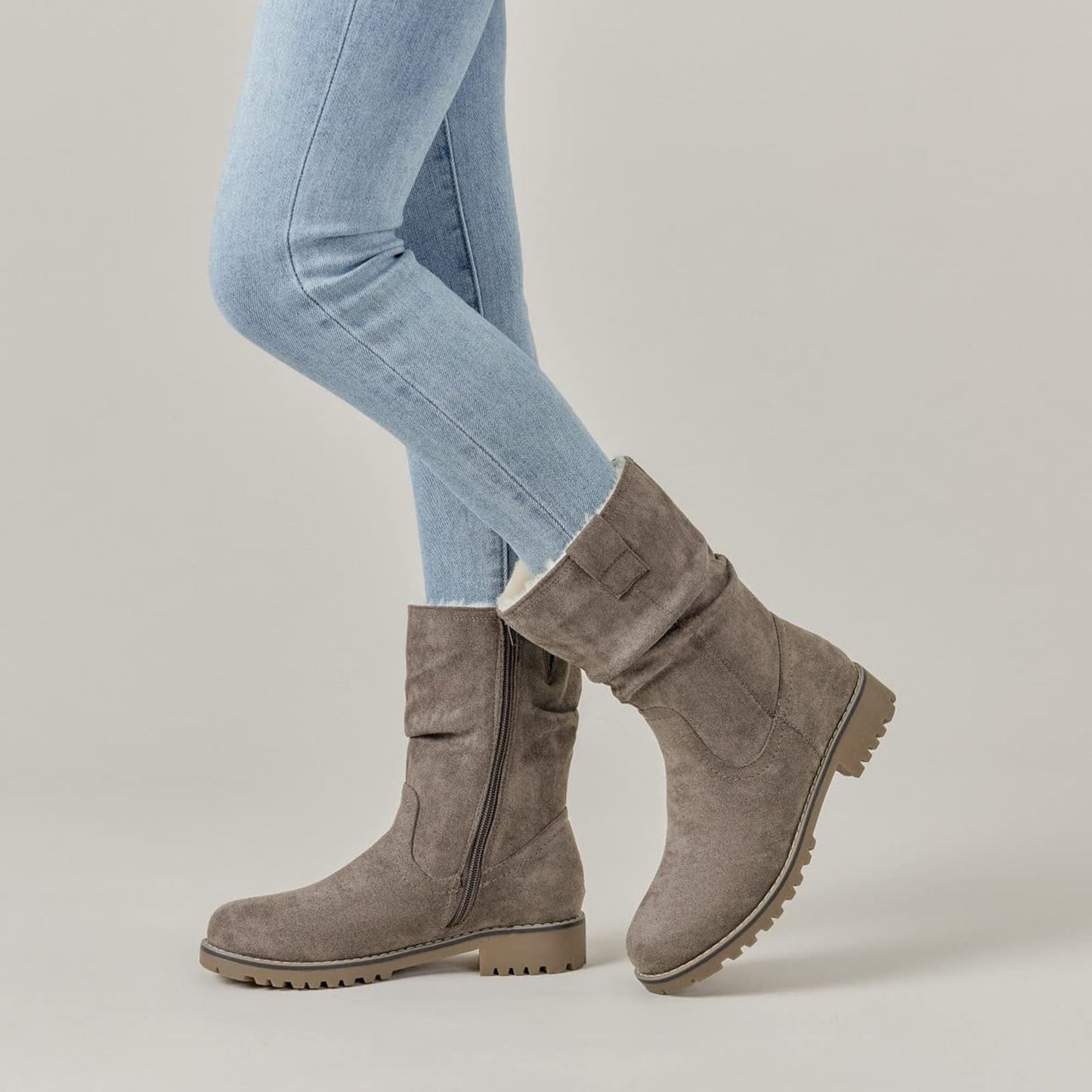 VJH confort Women's Mid Calf Boots Slouchy Riding Combat Low Heel Fur Lined Winter Zipper Booties