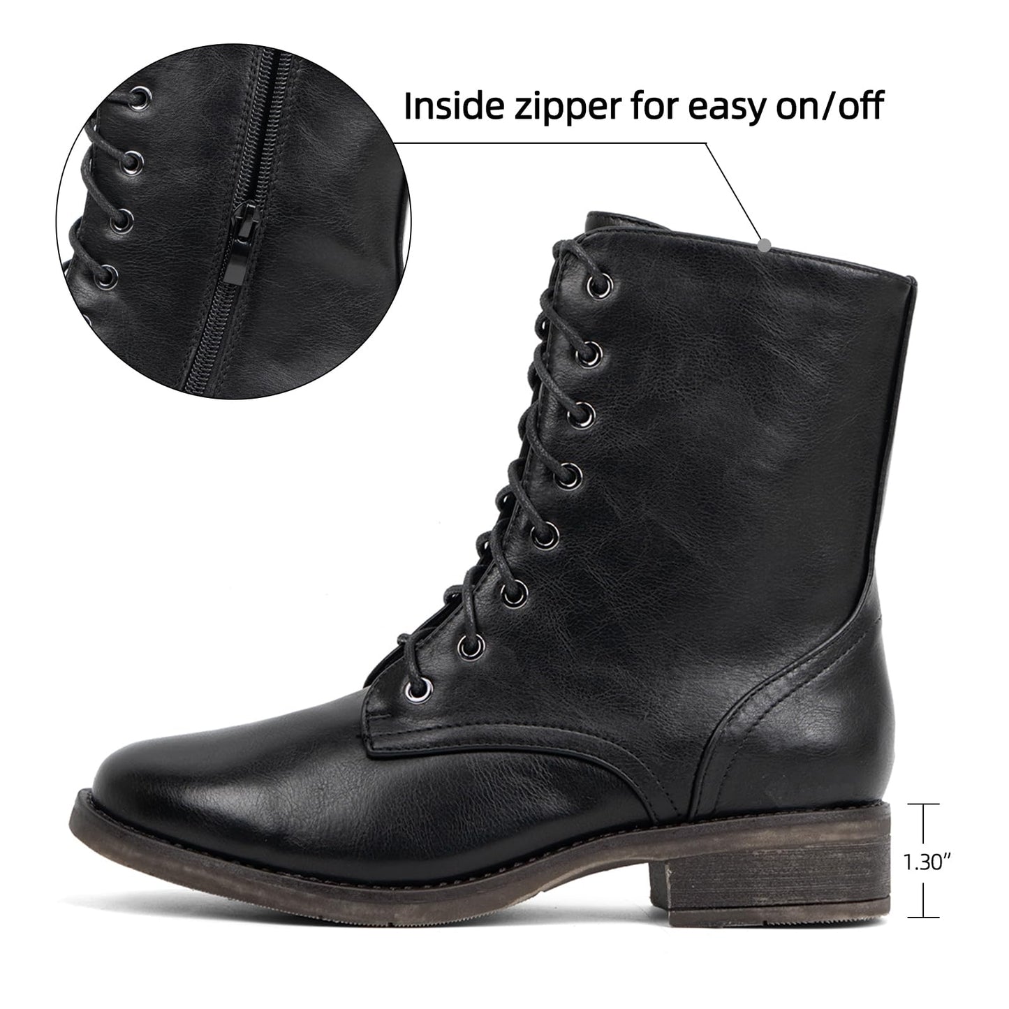 VJH confort Women's Mid Calf Boots Lace-up Military Combat Low Heel Booties with Zipper