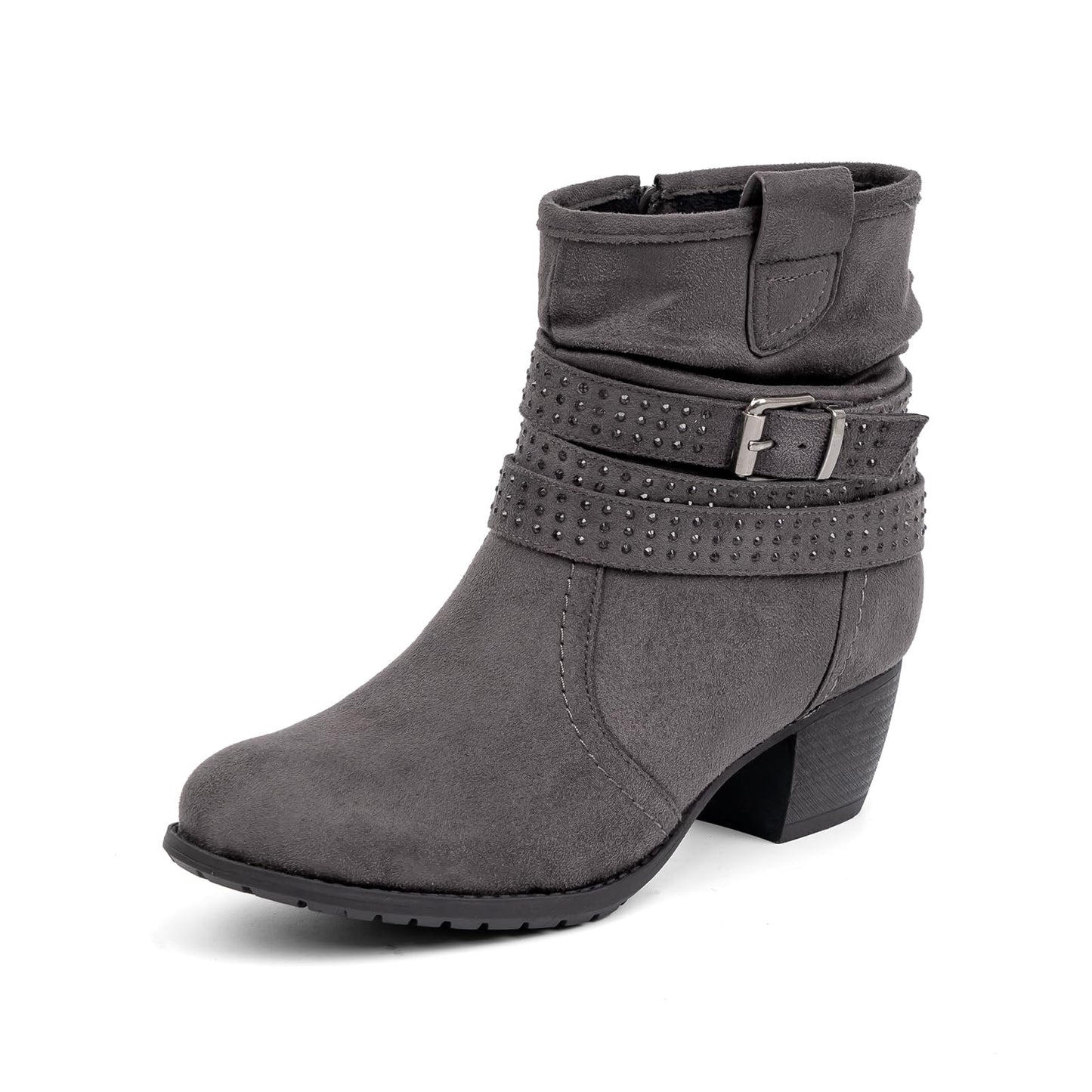 Women's Mid Calf Boots,Round Toe Comfort Low Heel Slouchy Dress zip booties with Jeweled strap