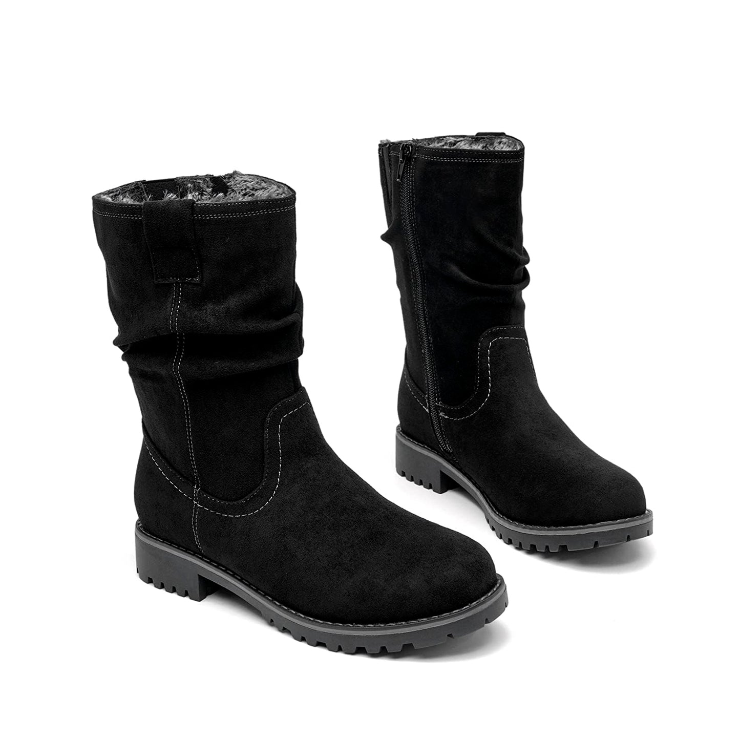 VJH confort Women's Mid Calf Boots Slouchy Riding Combat Low Heel Fur Lined Winter Zipper Booties