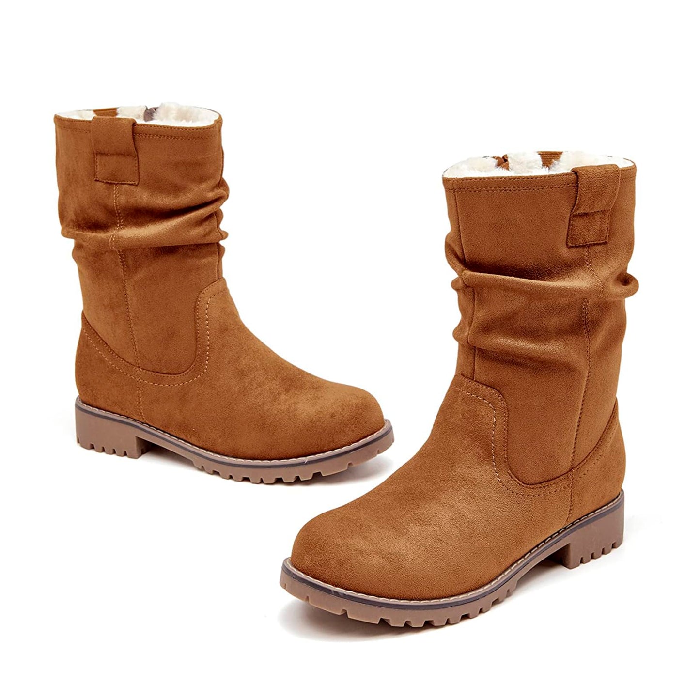 VJH confort Women's Mid Calf Boots Slouchy Riding Combat Low Heel Fur Lined Winter Zipper Booties