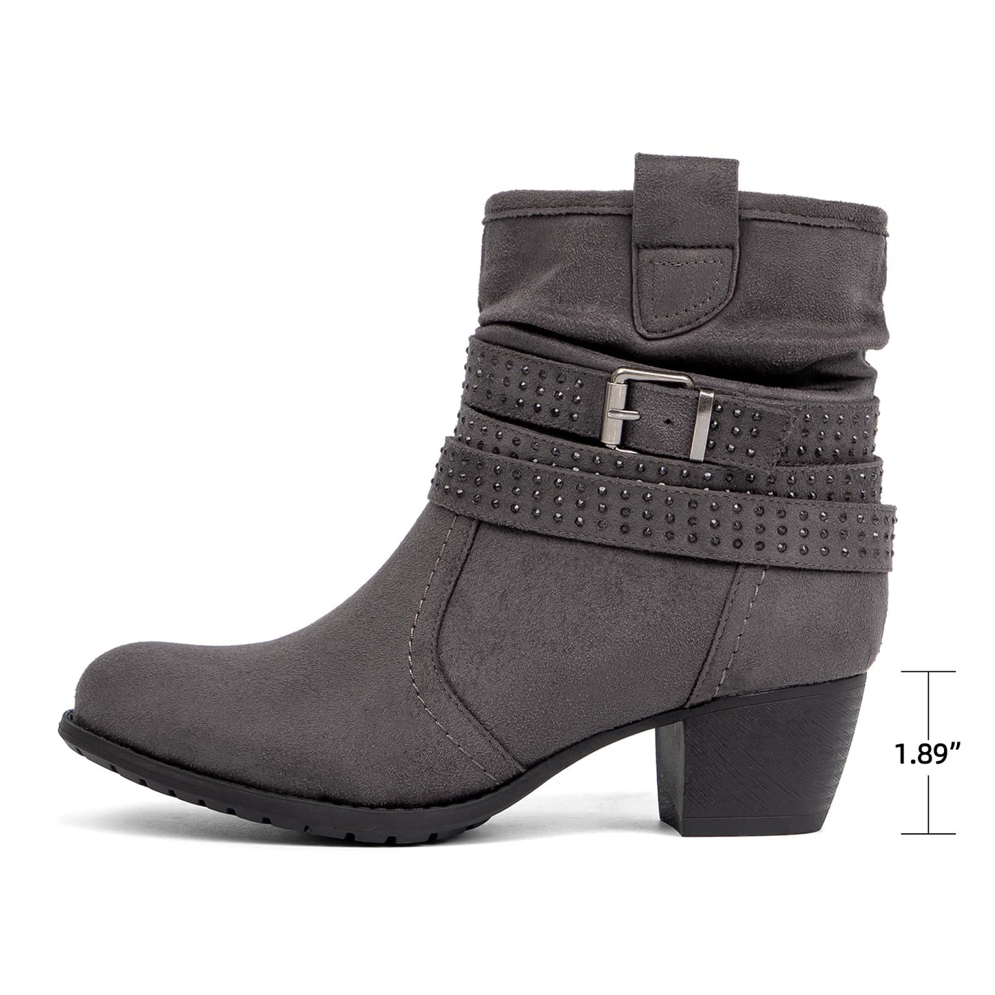 Women's Mid Calf Boots,Round Toe Comfort Low Heel Slouchy Dress zip booties with Jeweled strap