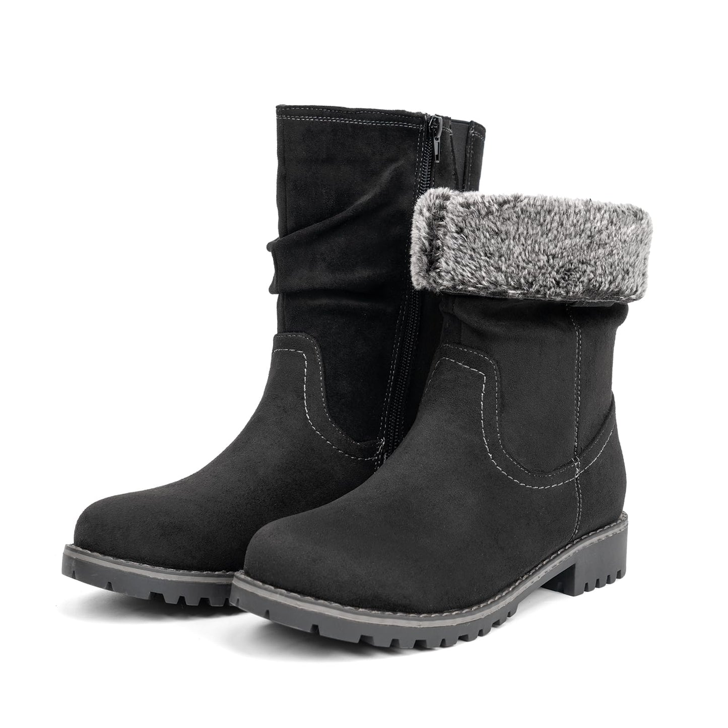 VJH confort Women's Mid Calf Boots Slouchy Riding Combat Low Heel Fur Lined Winter Zipper Booties