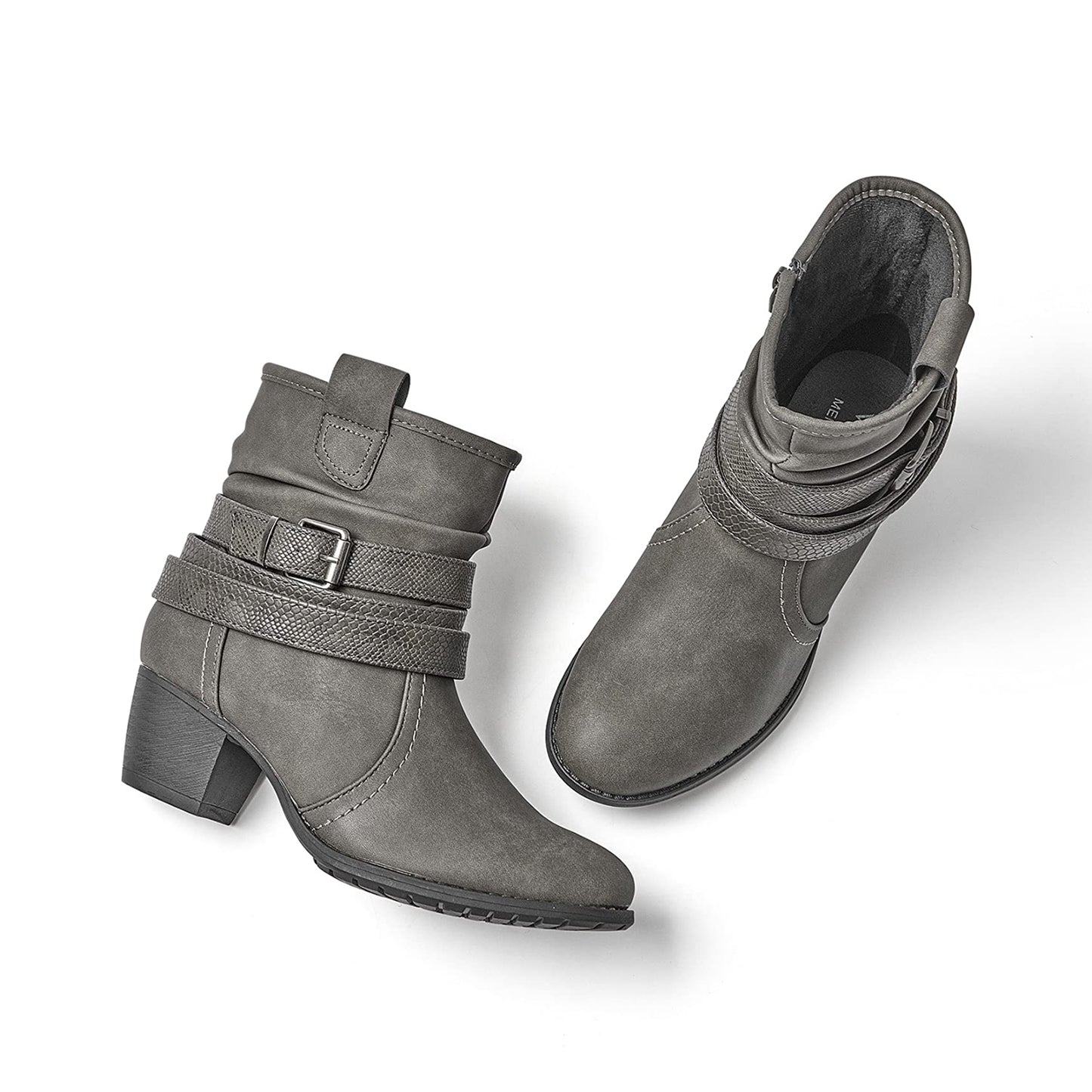 VJH confort Women's Mid Calf Boots,Round Toe Comfort Low Heel Slouchy Dress Booties with Buckle Strap Side Zipper