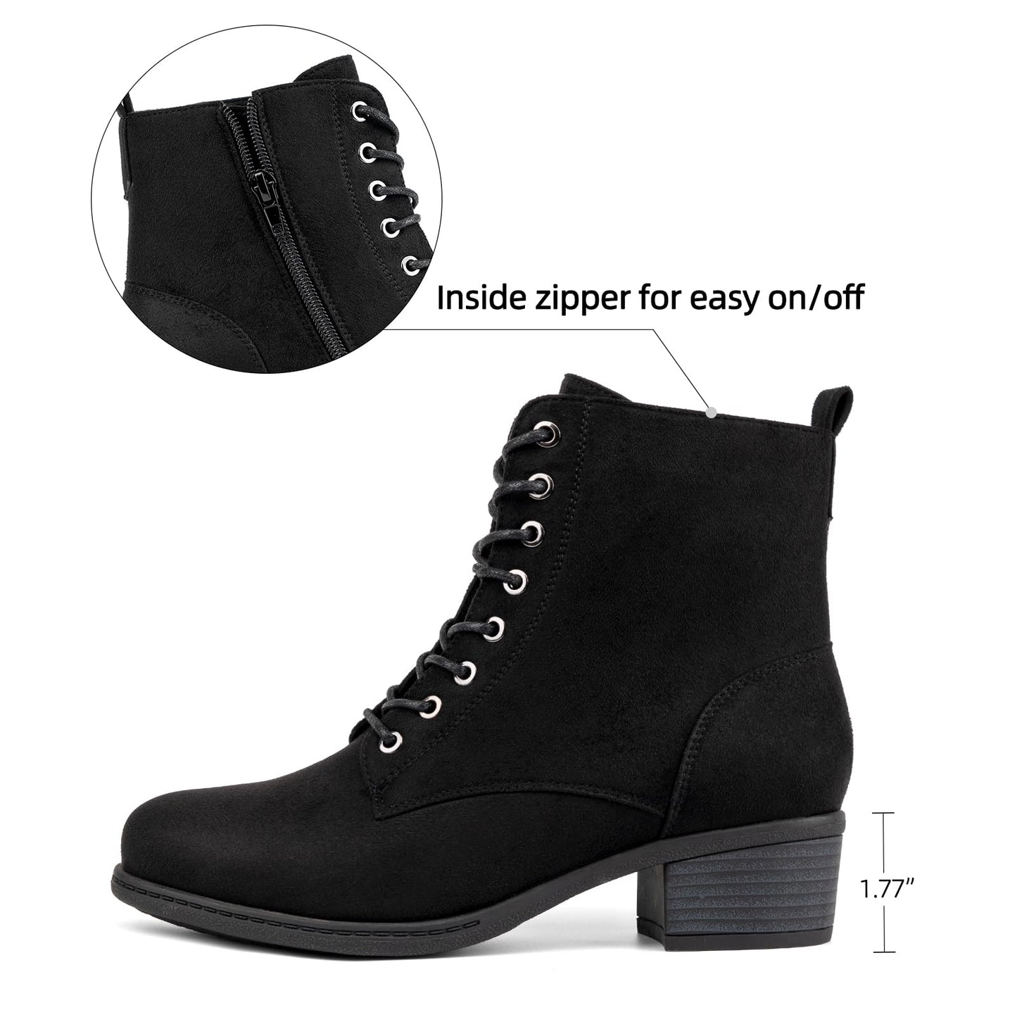 VJH confort Women's Fashion Ankle Boots Low Heels Chunky Lace-up Combat Bootie with Side Zipper