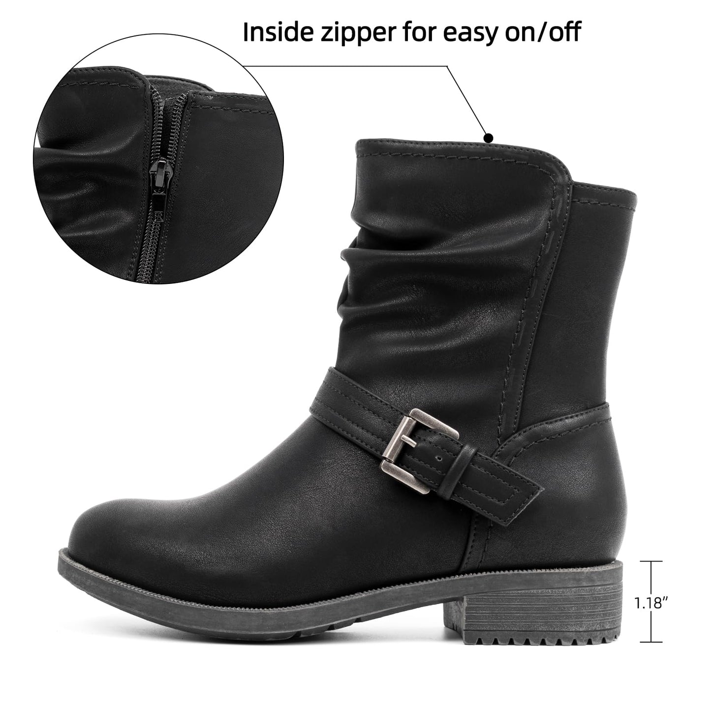 VJH confort Women's Mid Calf Boots, Comfort Buckle Slouchy Booties with Side Zipper