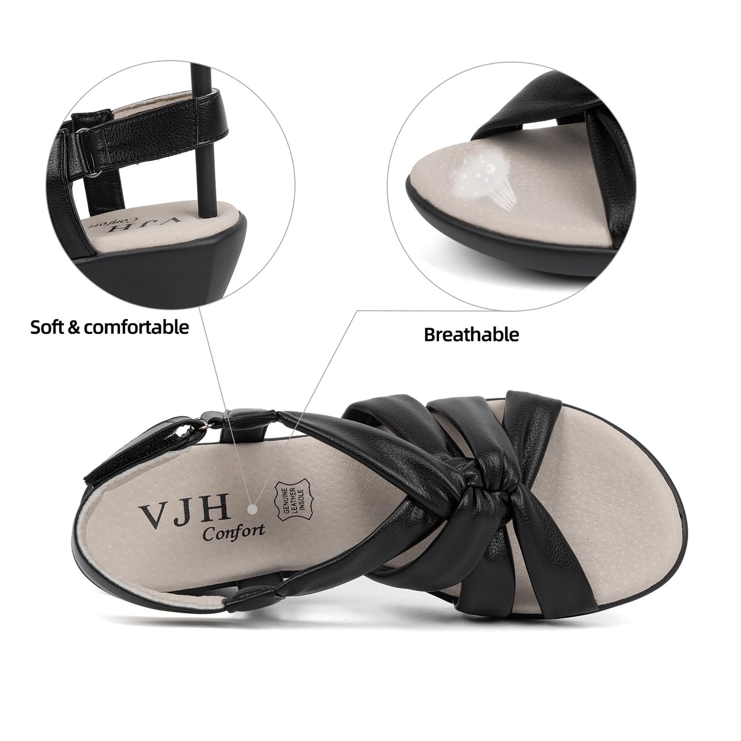 VJH confort Women’s Wedge Sandals, Comfortable Platform Cushioned Insole Strappy Round Toe Casual Wedge Sandals